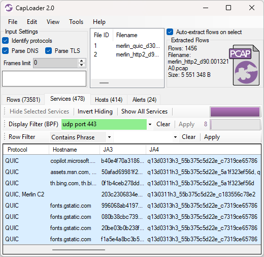 QUIC network traffic from Active Countermeasures shown in CapLoader's services tab