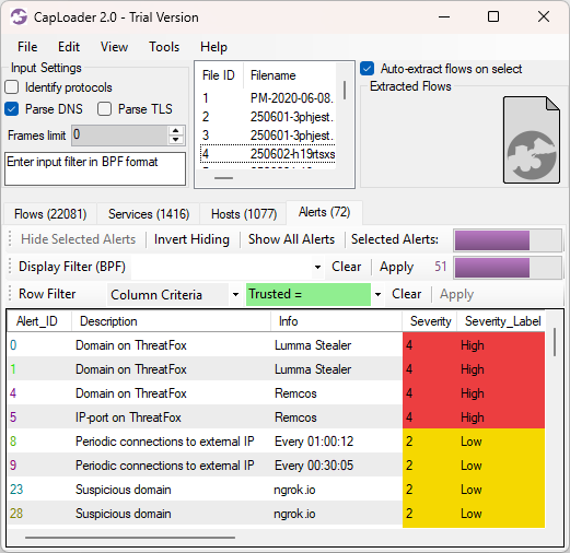 Alerts in the trial version of CapLoader