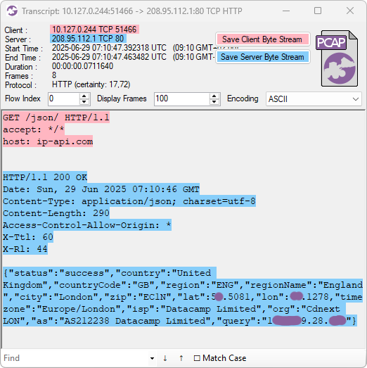 Transcript of ip-api.com IP lookup traffic