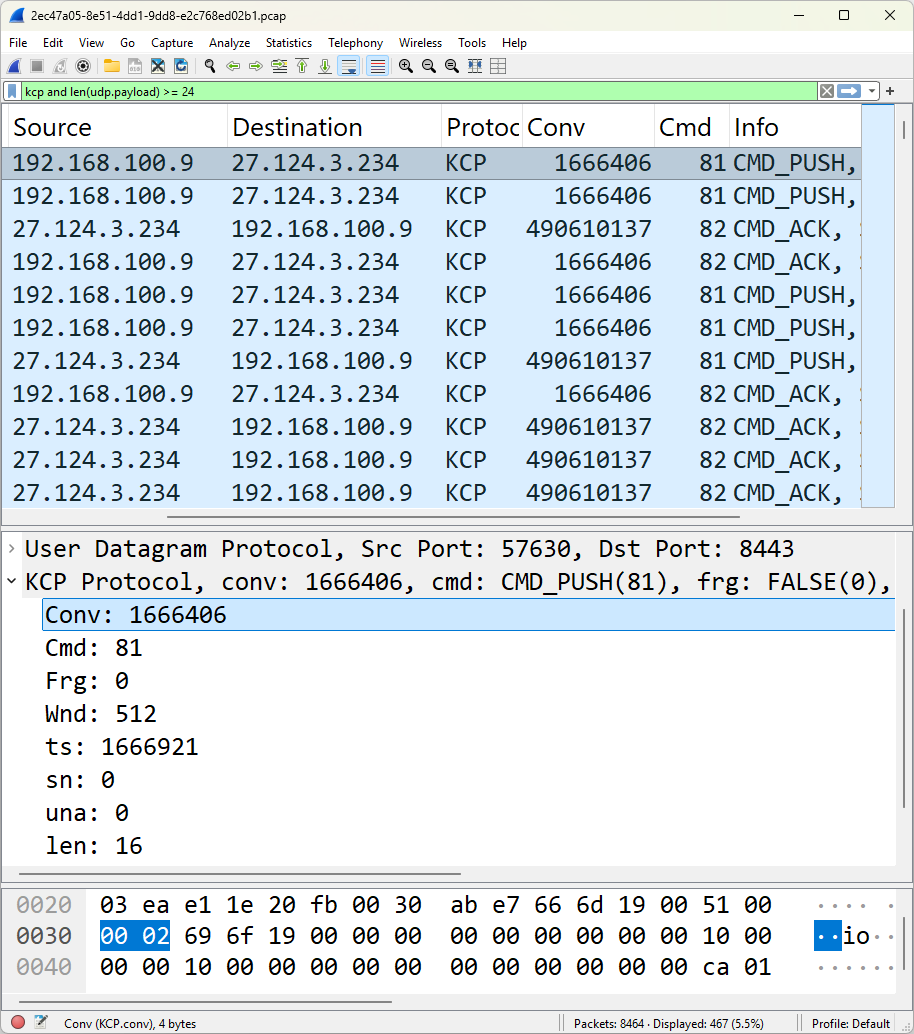 Gh0stKCP traffic in Wireshark with Lua script to decode KCP