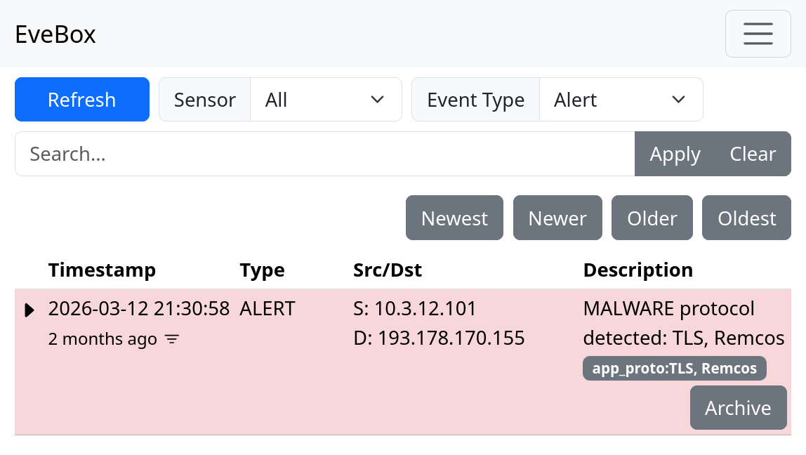 Remcos alert from FlowCarp in EveBox