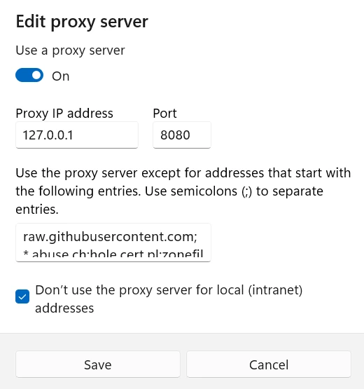 Windows proxy server exceptions