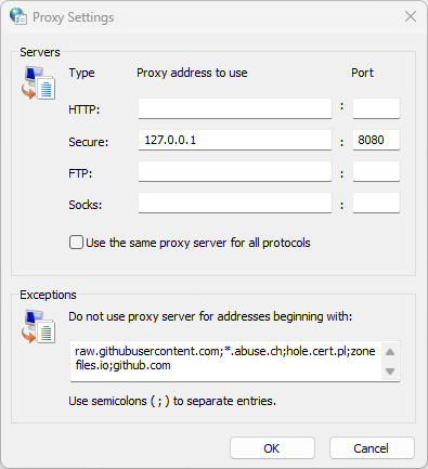 Windows proxy settings: only https