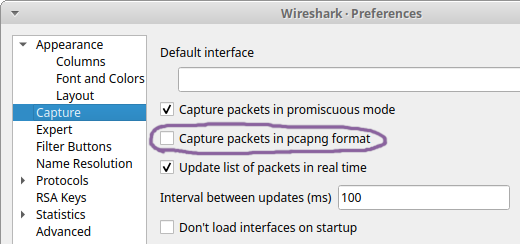 Disable pcapng in Wireshark Preferences