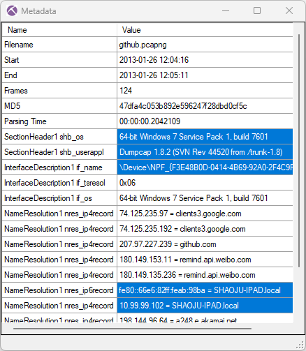 Metadata in a PcapNG file showed in NetworkMiner Professional's capture file properties